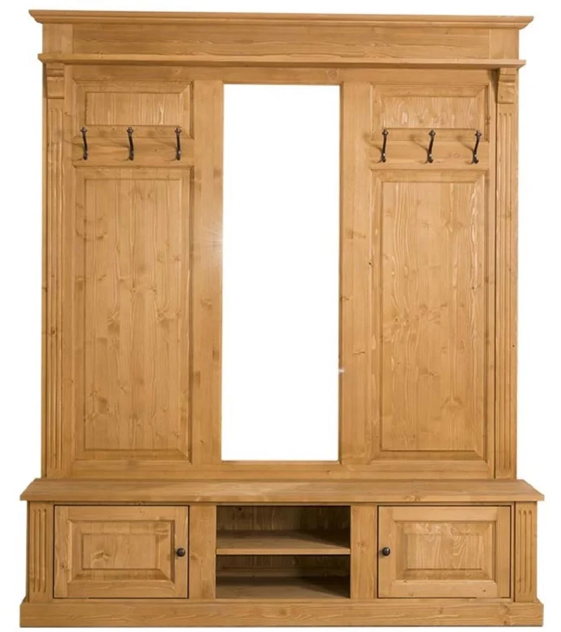 Casa Padrino Landhausstil Garderobe Naturfarben 180 x 41 x H. 210 cm - Massivholz Garderobenschrank mit Spiegel - Landhausstil Garderobenmöbel