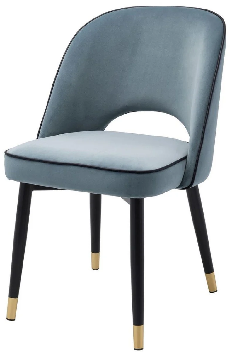 Casa Padrino Luxus Esszimmerstuhl Set Blau / Schwarz / Messing 53 x 56 x H. 84 cm - Esszimmerstühle mit edlem Samtstoff - Esszimmer Möbel