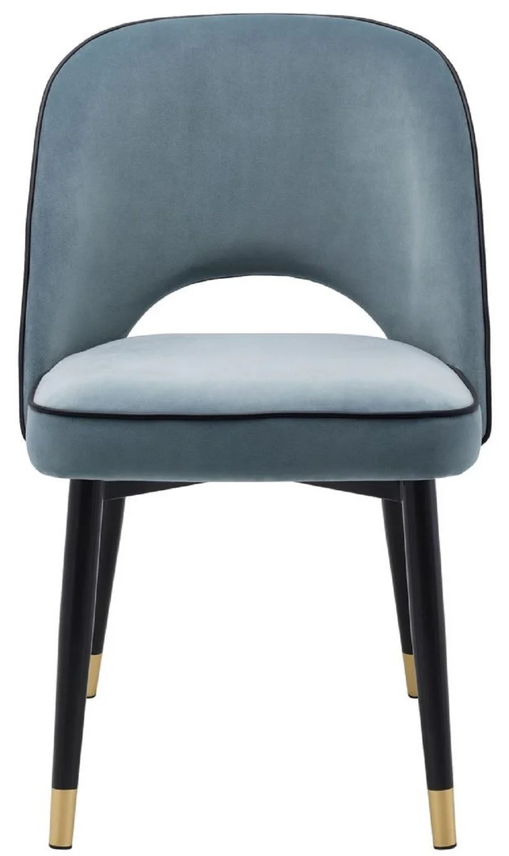 Casa Padrino Luxus Esszimmerstuhl Set Blau / Schwarz / Messing 53 x 56 x H. 84 cm - Esszimmerstühle mit edlem Samtstoff - Esszimmer Möbel