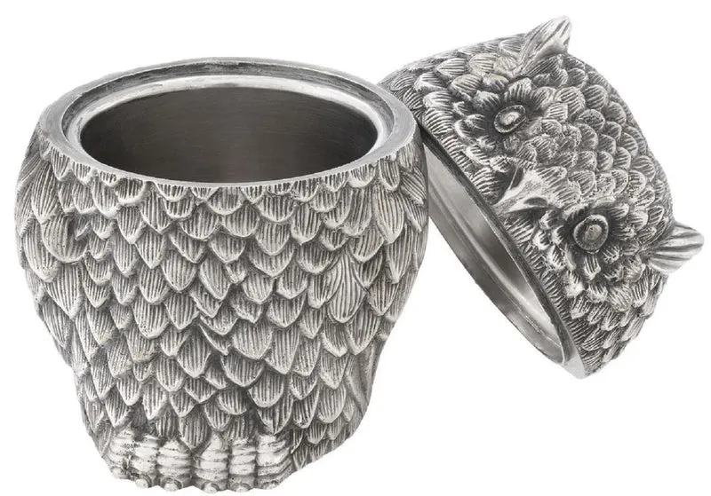 Casa Padrino Luxus Aufbewahrungsbox Eule Antik Silber 15 x 14,5 x H. 18,5 cm - Edle Deko Dose mit Deckel - Luxus Accessoires