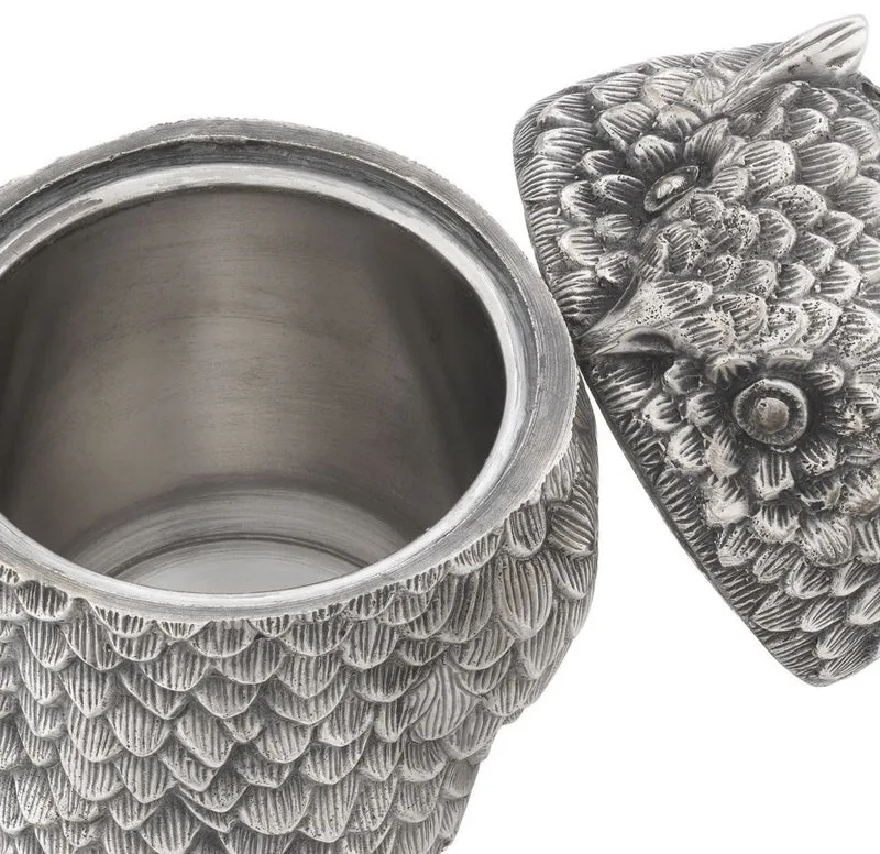 Casa Padrino Luxus Aufbewahrungsbox Eule Antik Silber 15 x 14,5 x H. 18,5 cm - Edle Deko Dose mit Deckel - Luxus Accessoires