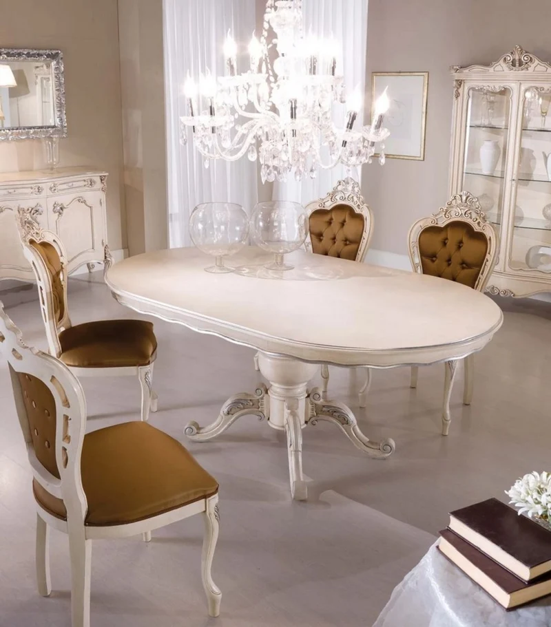 Casa Padrino Luxus Barock Esstisch Creme / Silber - Ovaler ausziehbarer Massivholz Esszimmertisch im Barockstil - Barock Esszimmer Möbel - Luxus Qualität - Made in Italy