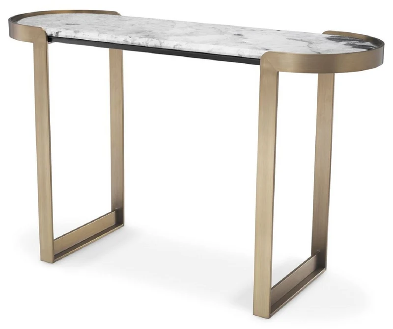 Casa Padrino Luxus Konsole Messingfarben / Weiß 120 x 40 x H. 75,5 cm - Edelstahl Konsolentisch mit Marmorplatte - Luxus Wohnzimmer Möbel