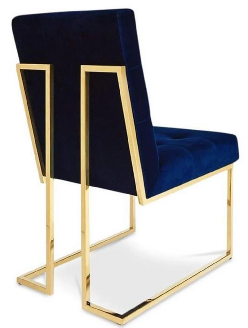 Casa Padrino Luxus Chesterfield Samt Esszimmerstuhl Dunkelblau / Gold 48 x 67,5 x H. 90 cm - Esszimmermöbel