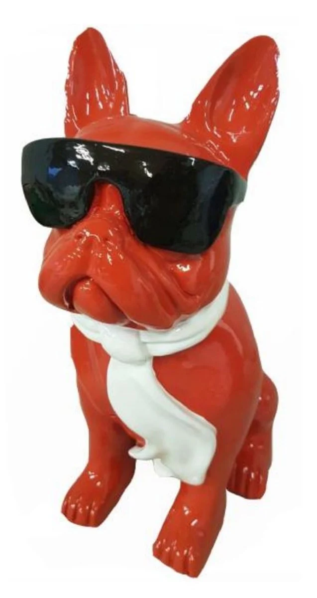 Casa Padrino Luxus Deko Skulptur Hund Bulldogge Rot / Weiß / Schwarz H. 80 cm - Große Deko Figur - XXL Deko Skulptur - XXL Deko Figur - Wohnzimmer Deko - Garten Deko - Luxus Deko XXL Figuren