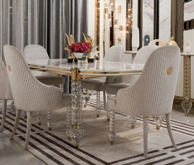 Casa Padrino Luxus Art Deco Esszimmer Set Weiß / Grau / Gold - 1 Art Deco Esstisch mit Kunstmarmor Tischplatte & 6 Art Deco Esszimmerstühle - Art Deco Esszimmer Möbel - Luxus Qualität