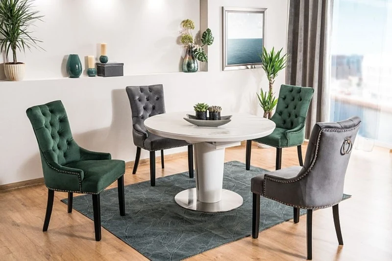 Casa Padrino Luxus Esstisch Matt Weiß / Grau / Silber 120-160 x 120 x H. 76 cm - Moderner ausziehbarer Esszimmertisch mit Keramikplatten in Marmoroptik - Küchen Möbel