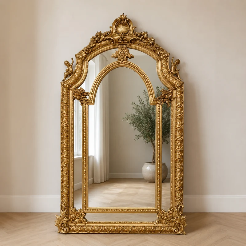 Casa Padrino Barock Standspiegel Gold 115 x H. 215 cm - mit Engelsfiguren - Handgefertigter Antik Stil Ganzkörperspiegel - Garderoben Spiegel - Schlafzimmer Spiegel - Barock Möbel
