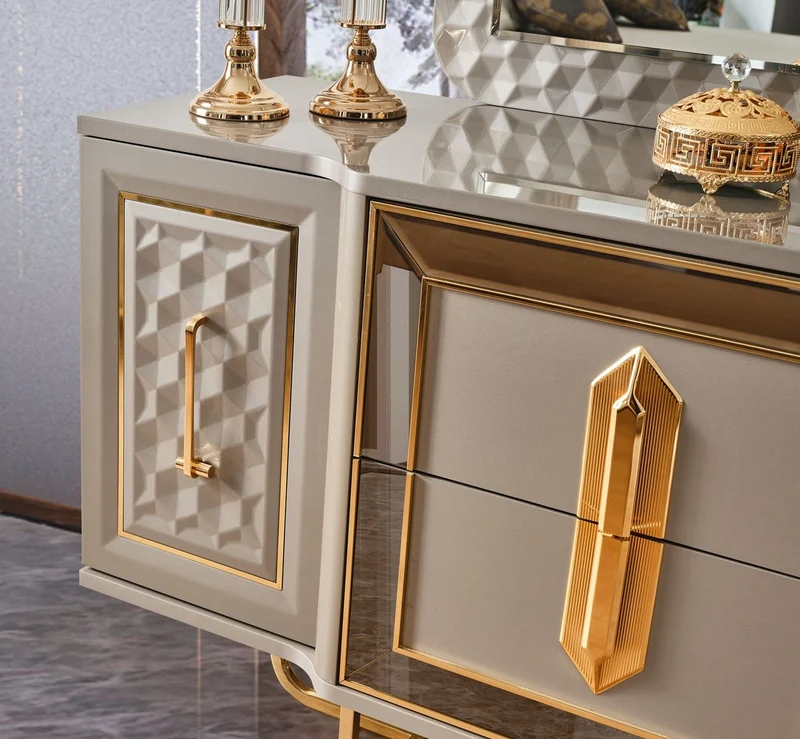 Casa Padrino Luxus Art Deco Schlafzimmer Set Grau / Gold - 1 Luxus Art Deco Schminkkommode & 1 Luxus Art Deco Spiegel - Art Deco Schlafzimmer Möbel - Luxus Schlafzimmer Möbel