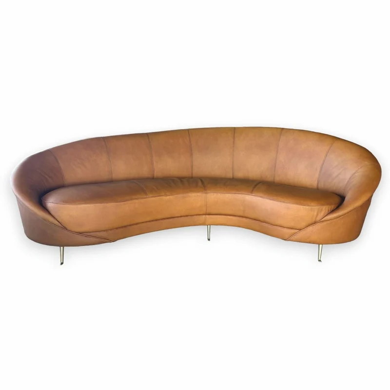 Casa Padrino Luxus Leder Sofa Hellbraun / Messing 230 cm - Leder Wohnzimmer Möbel