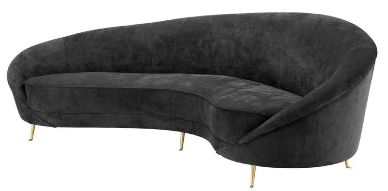 Casa Padrino Designer Samt Sofa Schwarz / Messingfarben 245 x 87 x H. 79 cm - Gebogene Luxus Couch - Designer Wohnzimmer Möbel
