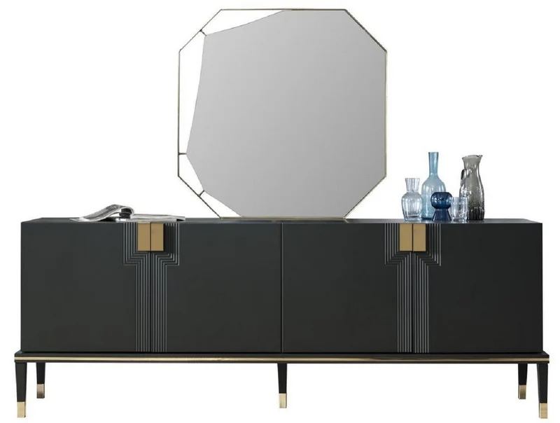 Casa Padrino Luxus Möbel Set Schwarz / Gold - 1 Sideboard mit 4 Türen & 1 Spiegel - Moderne Massivholz Möbel - Luxus Kollektion
