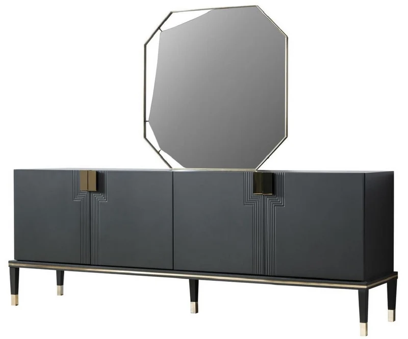 Casa Padrino Luxus Möbel Set Schwarz / Gold - 1 Sideboard mit 4 Türen & 1 Spiegel - Moderne Massivholz Möbel - Luxus Kollektion
