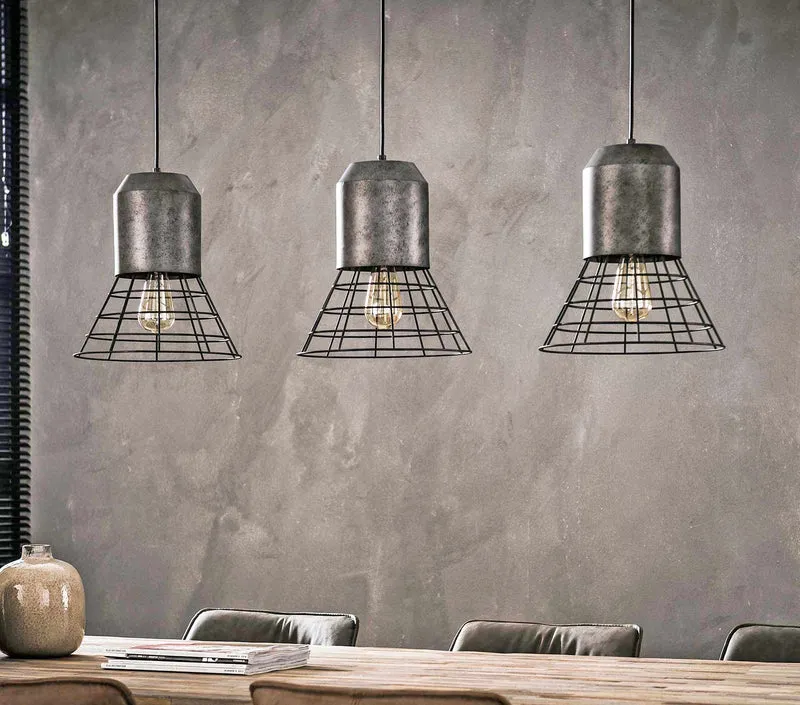 Pendelleuchte Hängeleuchte SHUTTLE mit 3 Schirmen Silber Antik Look