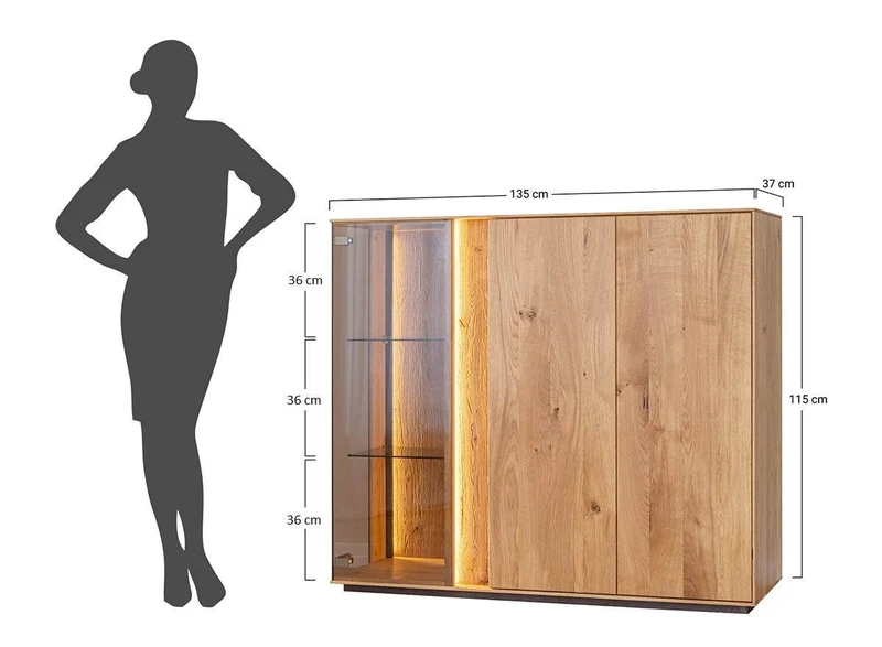 Beleuchtetes Sideboard Collodi aus massiver Wildeiche mit Rückwand in grober Holzstruktur