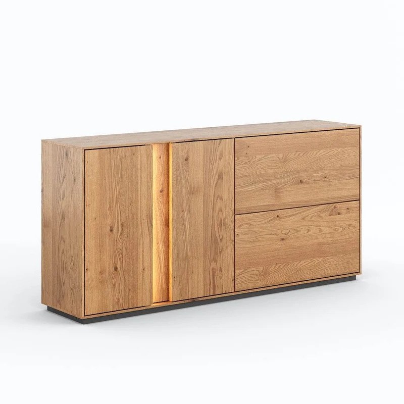 Beleuchtetes Sideboard Collodi aus massiver Wildeiche mit grober Holzstruktur