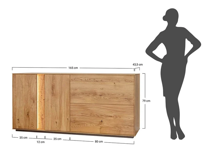 Beleuchtetes Sideboard Collodi aus massiver Wildeiche mit grober Holzstruktur