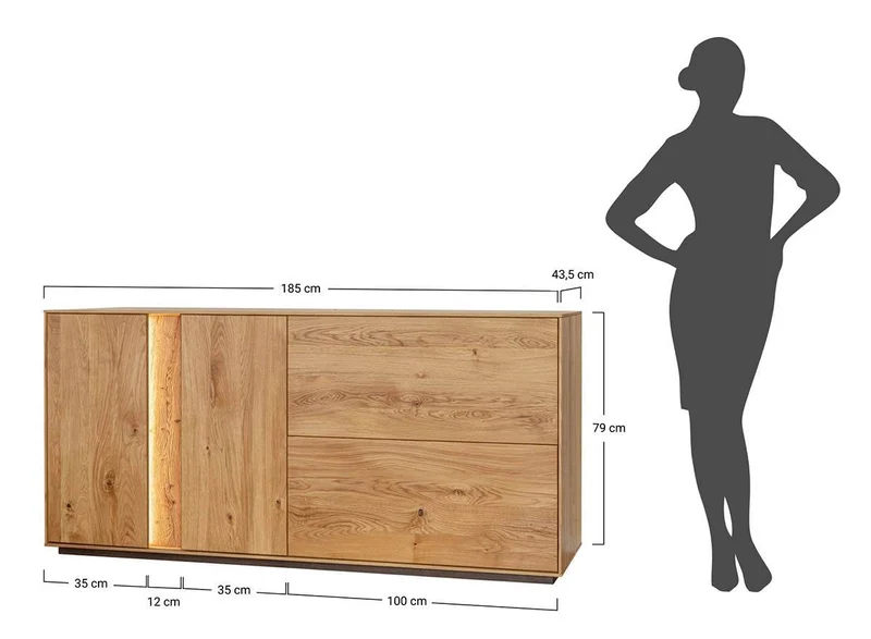 Beleuchtetes Sideboard Collodi aus massiver Wildeiche mit grober Holzstruktur