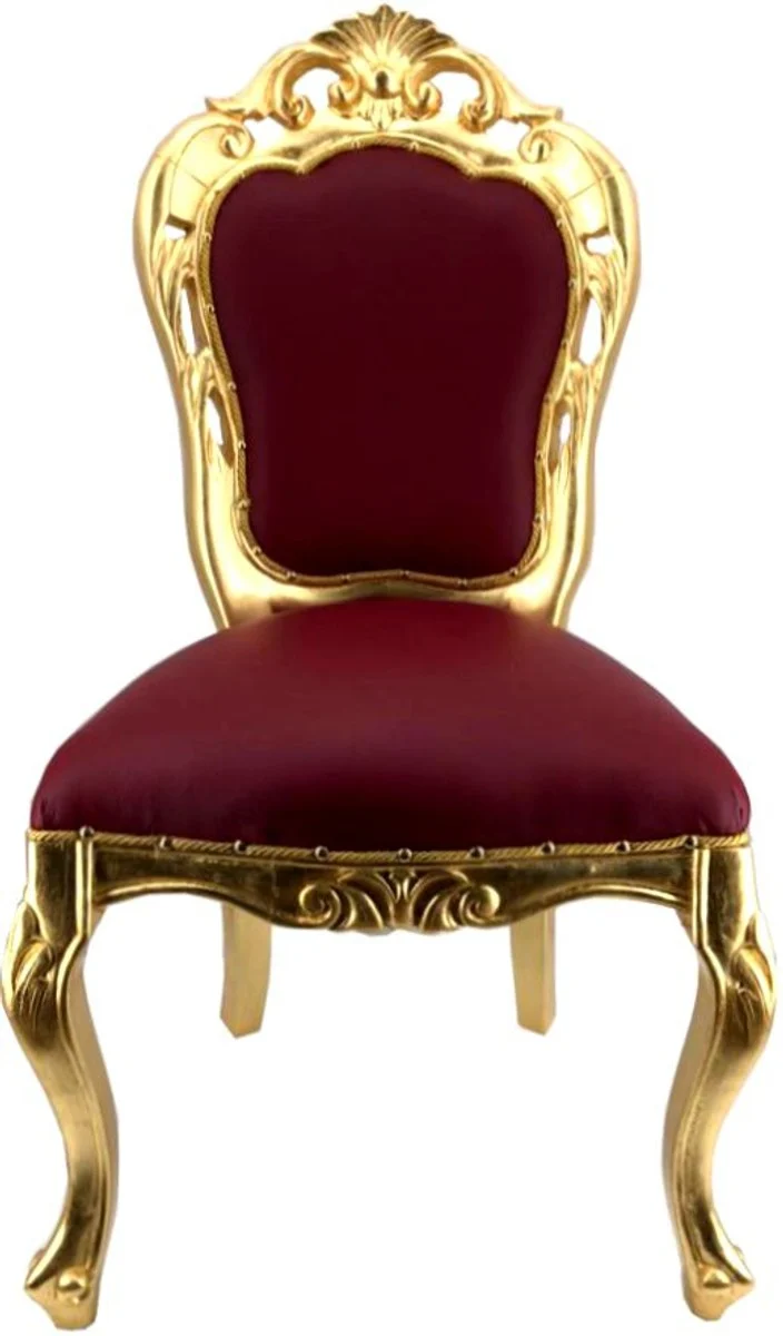 Casa Padrino Luxus Barock Esszimmer Stuhl Bordeaux Rot Lederoptik / Gold - Designer Barock Stuhl - Luxus Qualität