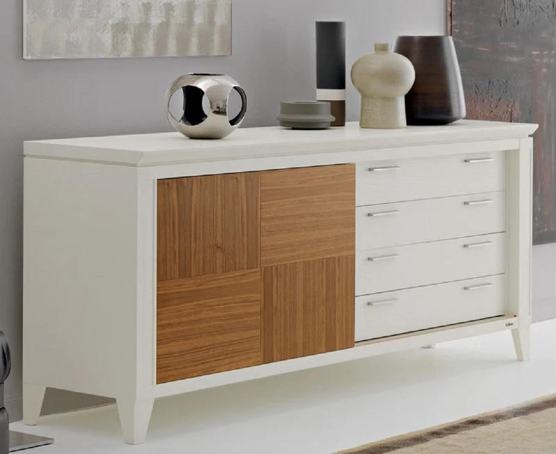 Casa Padrino Luxus Sideboard Weiß / Braun 197 x 53 x H. 88 cm - Edler Massivholz Schrank mit Schiebetür und 4 Schubladen - Luxus Möbel - Luxus Qualität - Made in Italy