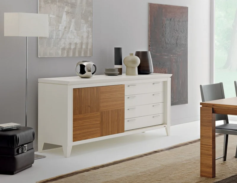 Casa Padrino Luxus Sideboard Weiß / Braun 197 x 53 x H. 88 cm - Edler Massivholz Schrank mit Schiebetür und 4 Schubladen - Luxus Möbel - Luxus Qualität - Made in Italy
