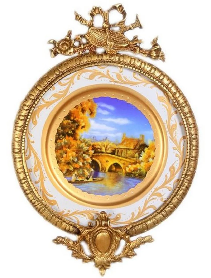 Casa Padrino Barock Keramik Wandbild mit verziertem Rahmen Mehrfarbig / Weiß / Gold 28 cm - Barock Wanddeko