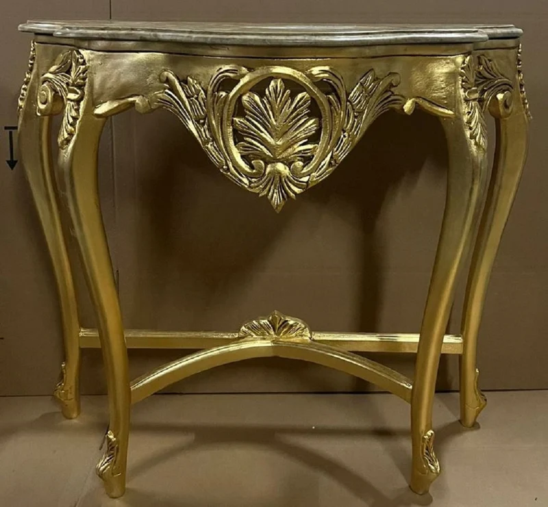 Casa Padrino Barock Konsole Gold / Grau - Handgefertigter Massivholz Konsolentisch mit Marmorplatte - Antik Stil Konsole - Antik Stil Möbel - Barock Möbel - Barock Einrichtung