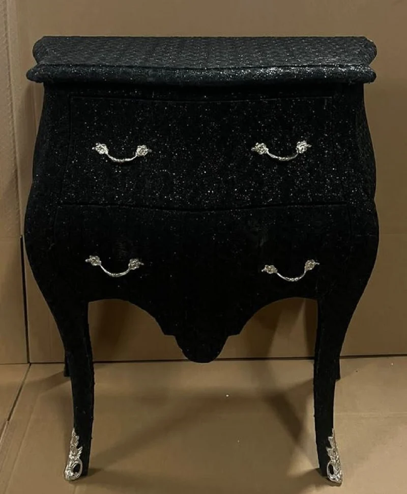 Casa Padrino Barock Kommode Schwarz Glitzer Look / Silber - Handgefertigte Barockstil Nachtkommode mit 2 Schubladen - Barock Möbel - Schlafzimmer Möbel im Barockstil