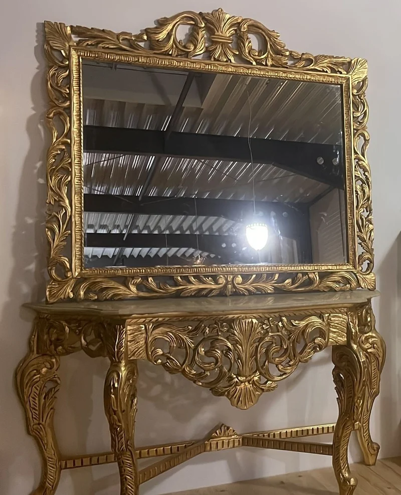 Casa Padrino Barock Konsole mit Marmorplatte und Spiegel Gold / Creme Grau - Prunkvolle Spiegelkonsole im Barockstil - Garderoben Möbel Barockstil - Barock Möbel - Edel & Prunkvoll