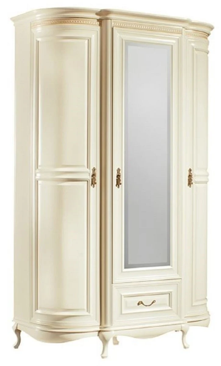 Casa Padrino Luxus Barock Schlafzimmerschrank Creme / Gold 130 x 62,6 x H. 206,6 cm - Prunkvoller Kleiderschrank mit 3 Türen und Schublade - Schlafzimmermöbel