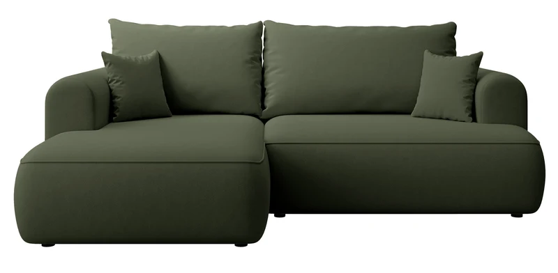 Ecksofa mit Schlaffunktion Ovo Mini, L-förmig, linksseitig, mit Stauraum, olivgrüner, pflegeleichter Samtbezug