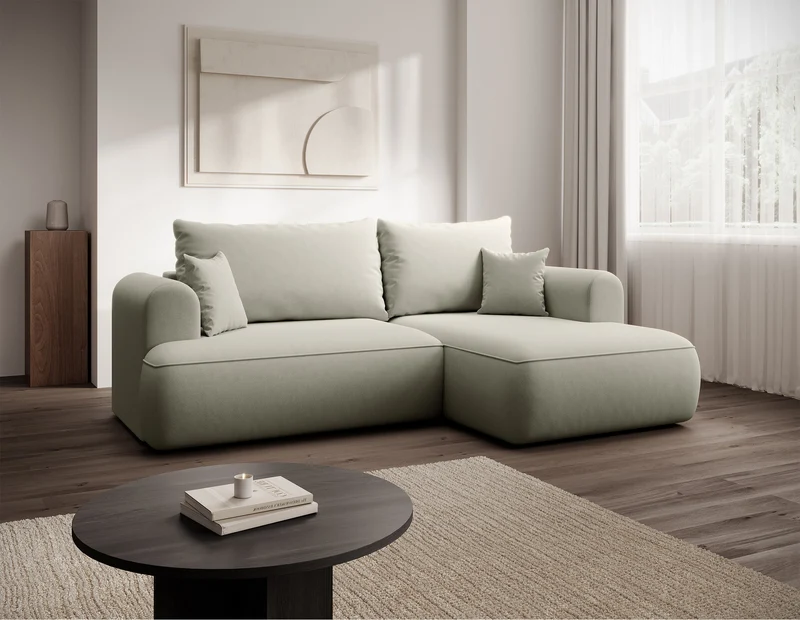 Ecksofa mit Schlaffunktion Ovo mini, L-Form, linksseitig, mit Stauraum, cremefarbener Velours, pflegeleicht