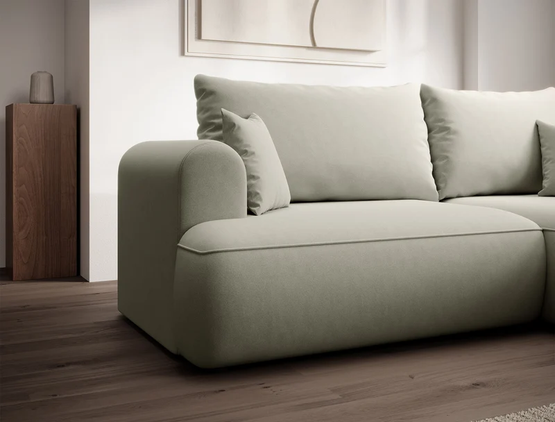 Ecksofa mit Schlaffunktion Ovo mini, L-Form, linksseitig, mit Stauraum, cremefarbener Velours, pflegeleicht