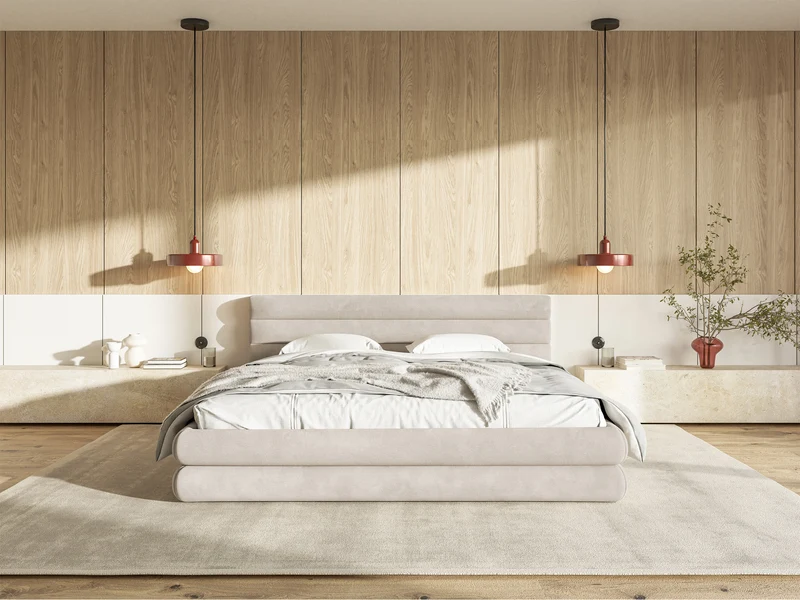 Polsterbett 140x200 cm Alegre mit Bettkasten, hellbeiger Velours, wasserabweisend, pflegeleicht, Metallrahmen