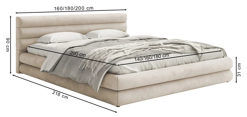 Gepolstertes Bett 160x200 cm Alegre mit Bettkasten, grau, hydrophobes, leicht zu reinigendes Samtmaterial, Metallrahmen