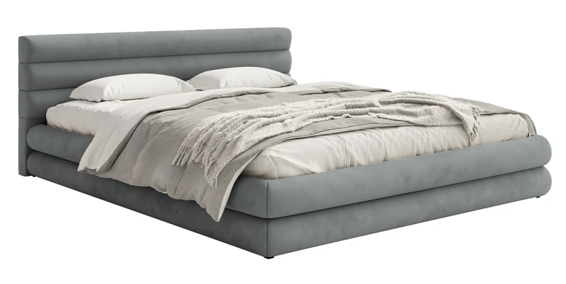 Gepolstertes Bett 160x200 cm Alegre mit Bettkasten, grau, hydrophobes, leicht zu reinigendes Samtmaterial, Metallrahmen