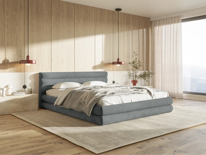 Gepolstertes Bett 160x200 cm Alegre mit Bettkasten, grau, hydrophobes, leicht zu reinigendes Samtmaterial, Metallrahmen