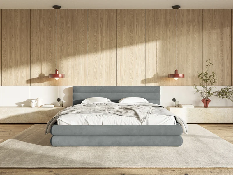 Gepolstertes Bett 160x200 cm Alegre mit Bettkasten, grau, hydrophobes, leicht zu reinigendes Samtmaterial, Metallrahmen