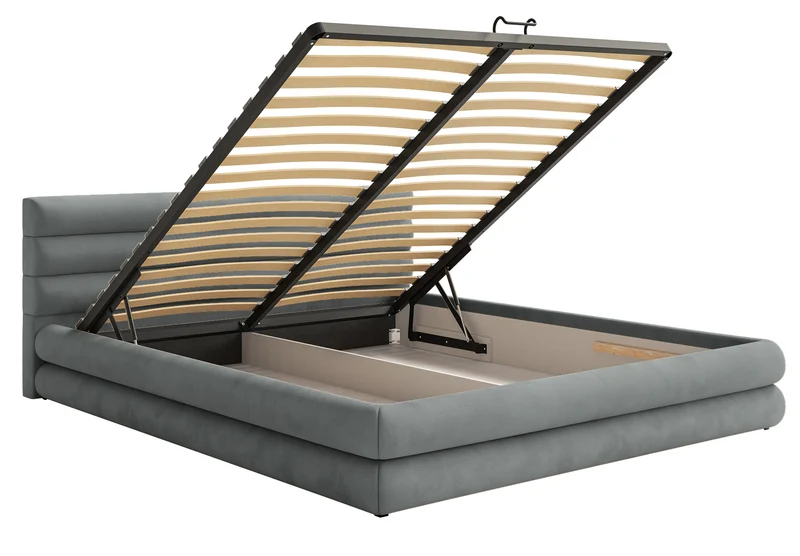 Gepolstertes Bett 160x200 cm Alegre mit Bettkasten, grau, hydrophobes, leicht zu reinigendes Samtmaterial, Metallrahmen