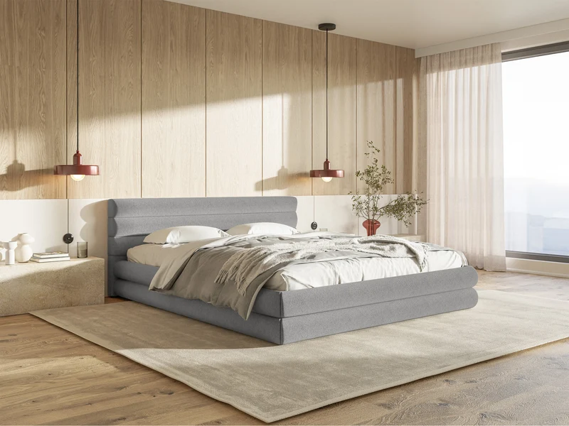 Polsterbett 140x200 cm Alegre mit Bettkasten, hellgrauer Chenille-Stoff, Metallrahmen