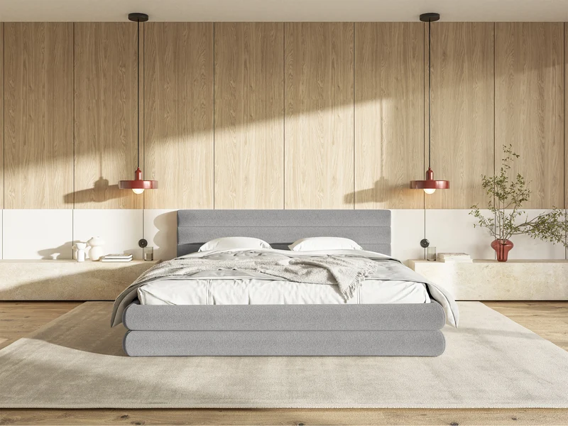 Polsterbett 140x200 cm Alegre mit Bettkasten, hellgrauer Chenille-Stoff, Metallrahmen