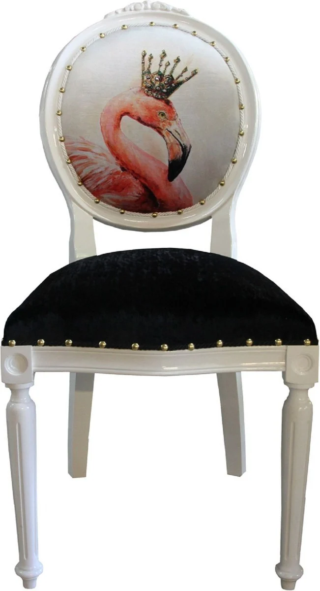 Casa Padrino Luxus Barock Esszimmer Set Flamingo mit Krone Grün / Weiß / Gold 48 x 50 x H. 98 cm - 6 handgefertigte Esszimmerstühle mit Bling Bling Glitzersteinen - Barock Esszimmermöbel