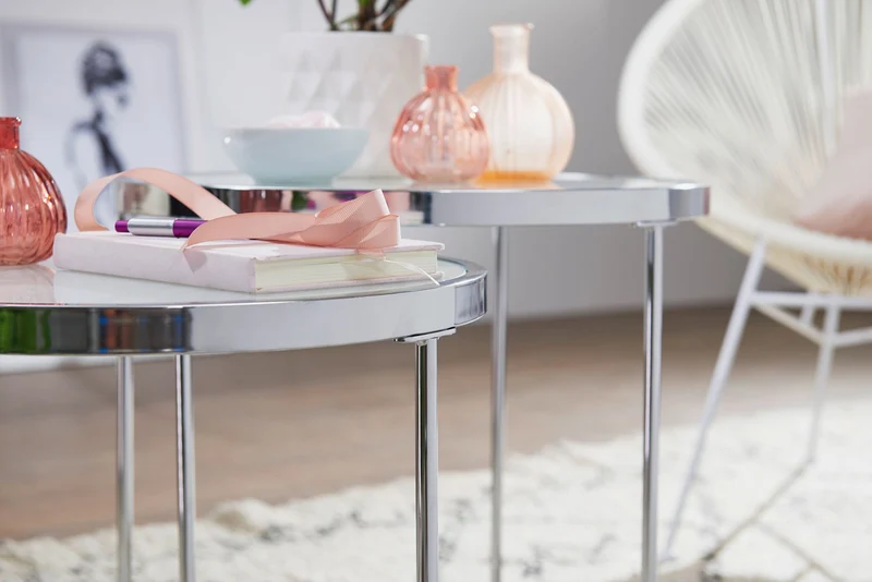 Beistelltisch 2er Set Rund Ø50/42cm Weiß Silber Glasplatte