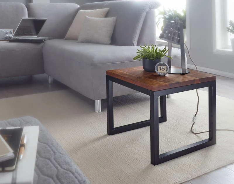 Beistelltisch 45x40x45cm Sheesham Massivholz Metall Industrial Style