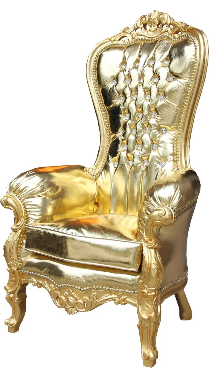 Casa Padrino Barock Damen Thron Sessel Majestic Medium Gold/ Gold Lederoptik mit Bling Bling Glitzersteinen - Riesensessel - Thron Stuhl Tron