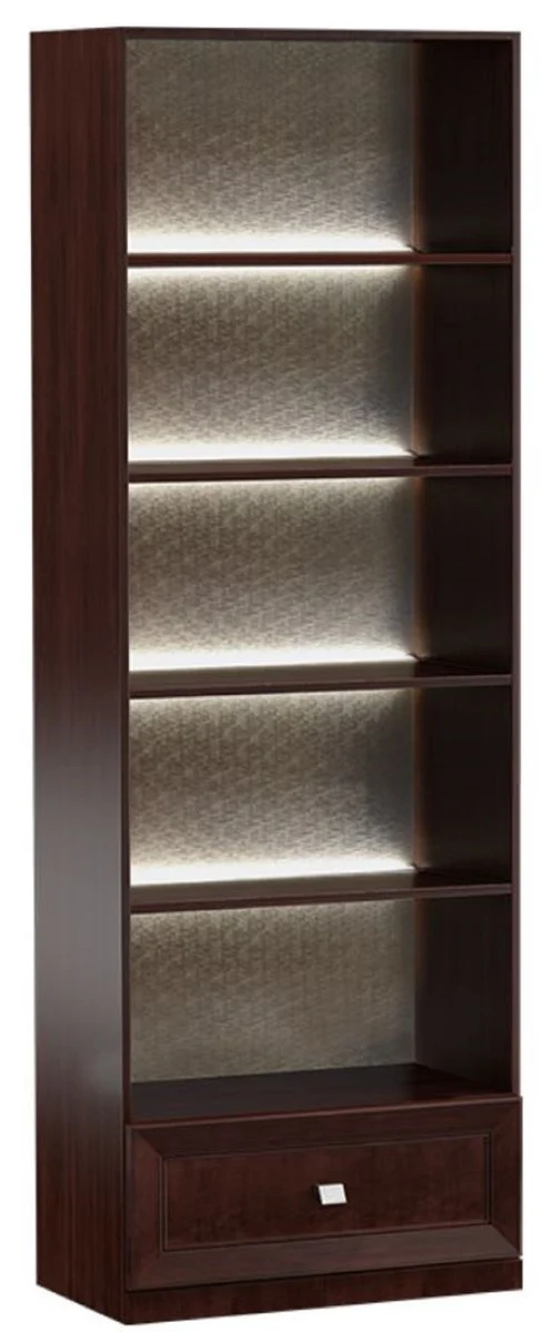 Casa Padrino Luxus Regalschrank Dunkelbraun / Silber 70,4 x 44,2 x H. 225,6 cm - Beleuchteter Büroschrank mit Schublade