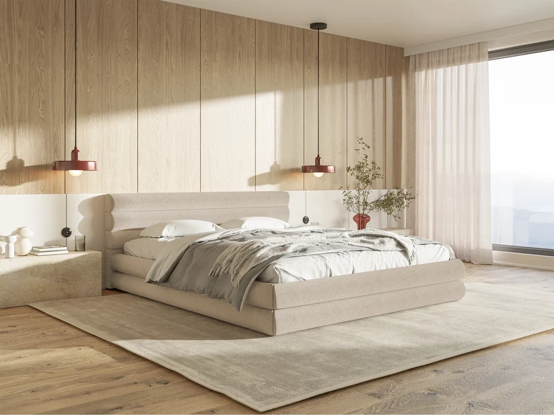 Polsterbett 140x200 cm Alegre mit Bettkasten, hellbeiger Chenille-Stoff, Metallrahmen