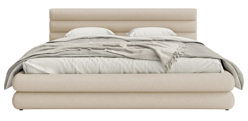 Polsterbett 140x200 cm Alegre mit Bettkasten, hellbeiger Chenille-Stoff, Metallrahmen