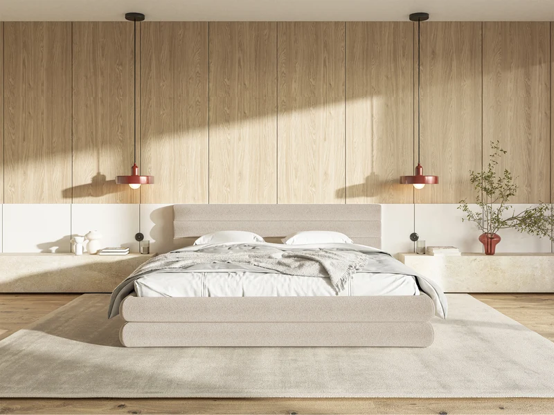 Polsterbett 140x200 cm Alegre mit Bettkasten, hellbeiger Chenille-Stoff, Metallrahmen
