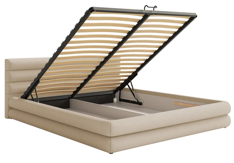 Polsterbett 140x200 cm Alegre mit Bettkasten, hellbeiger Chenille-Stoff, Metallrahmen
